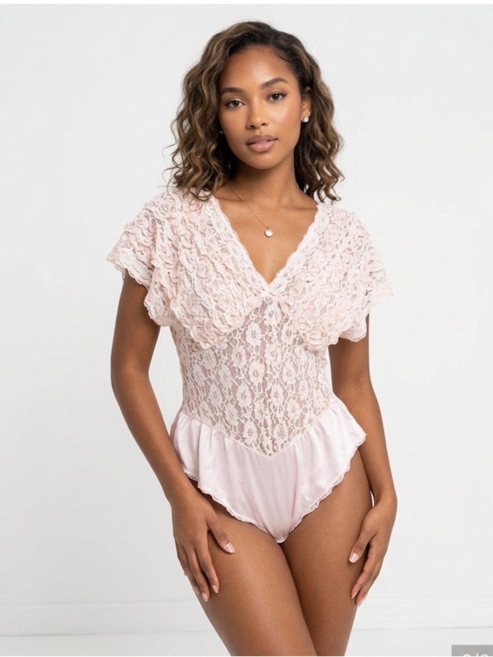 Vintage Kasara Ruffled Lace Bodysuit Baby Pink Size Large V-Neck